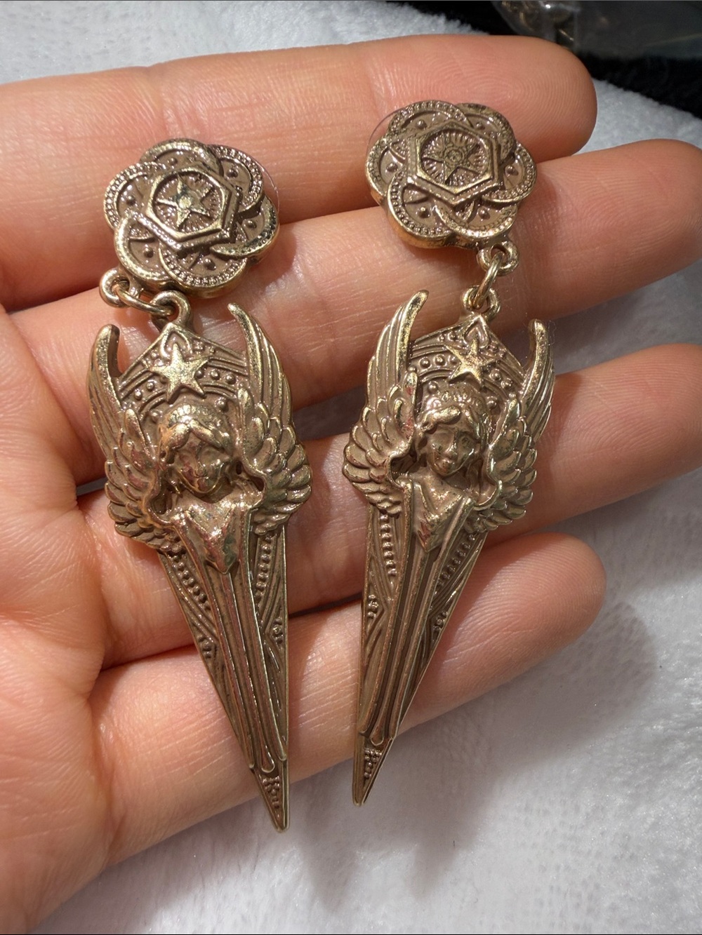 Gold Angel Wing Drop Earrings - Women's Jewelry - Picture 5 of 6
